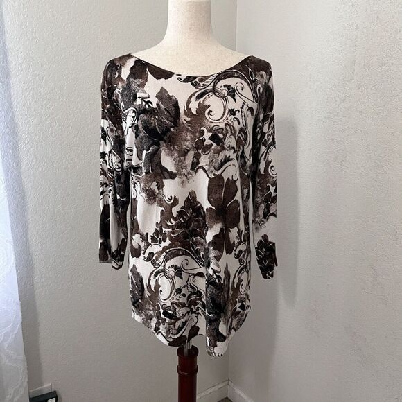 Chico’s Womens Lightweight Sweater Paisley Size 2 (L) Brown Long Sleeve Tunic - Picture 1 of 7